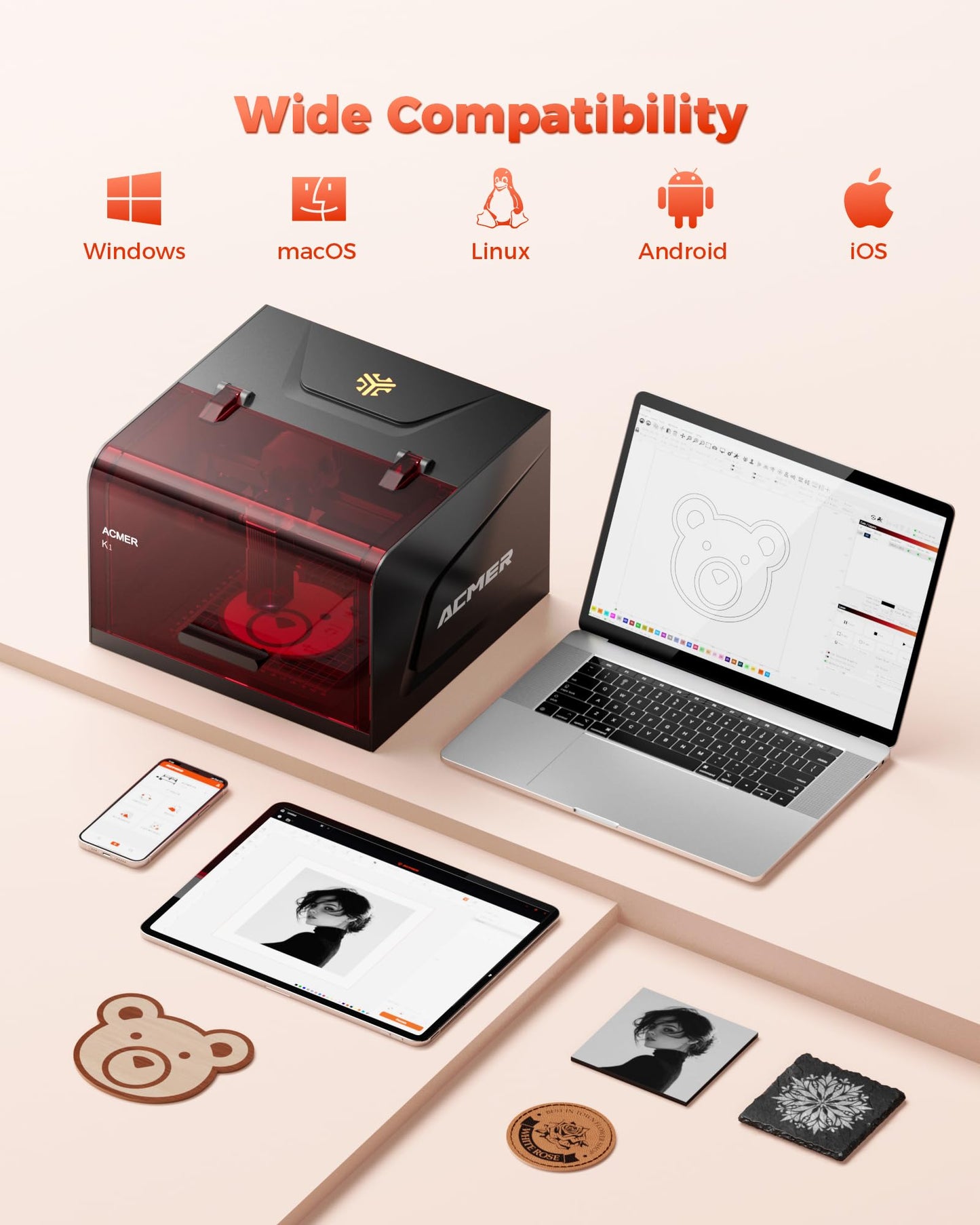 ACMER Laser Engraver Machine, K1 7000mW Desktop Enclosure Engraving Machine, 0.01mm Ultra-precision, Laser Cutter for Wood Acrylic Glass Leather, DIY Crafts & Small Business with Honeycomb Bed