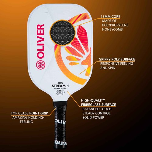 Pickleball Paddle Stream-1 Lite - Fiberglass Surface, 13mm Polypropylene Honeycomb Core, Lightweight, Extended Reach, USAPA Approved - Maximum Speed, Control, and Power