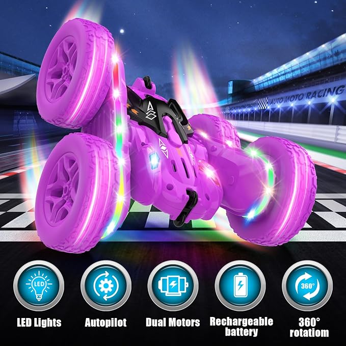 Remote Control Cars for Girls, 2.4GHz RC Stunt Car with 360° Flips & Double Sided Driving, LED Strip Lights and Headlights, Changeable Wheels, Birthday Gift for 5-12 Year Old Girls (Purple)