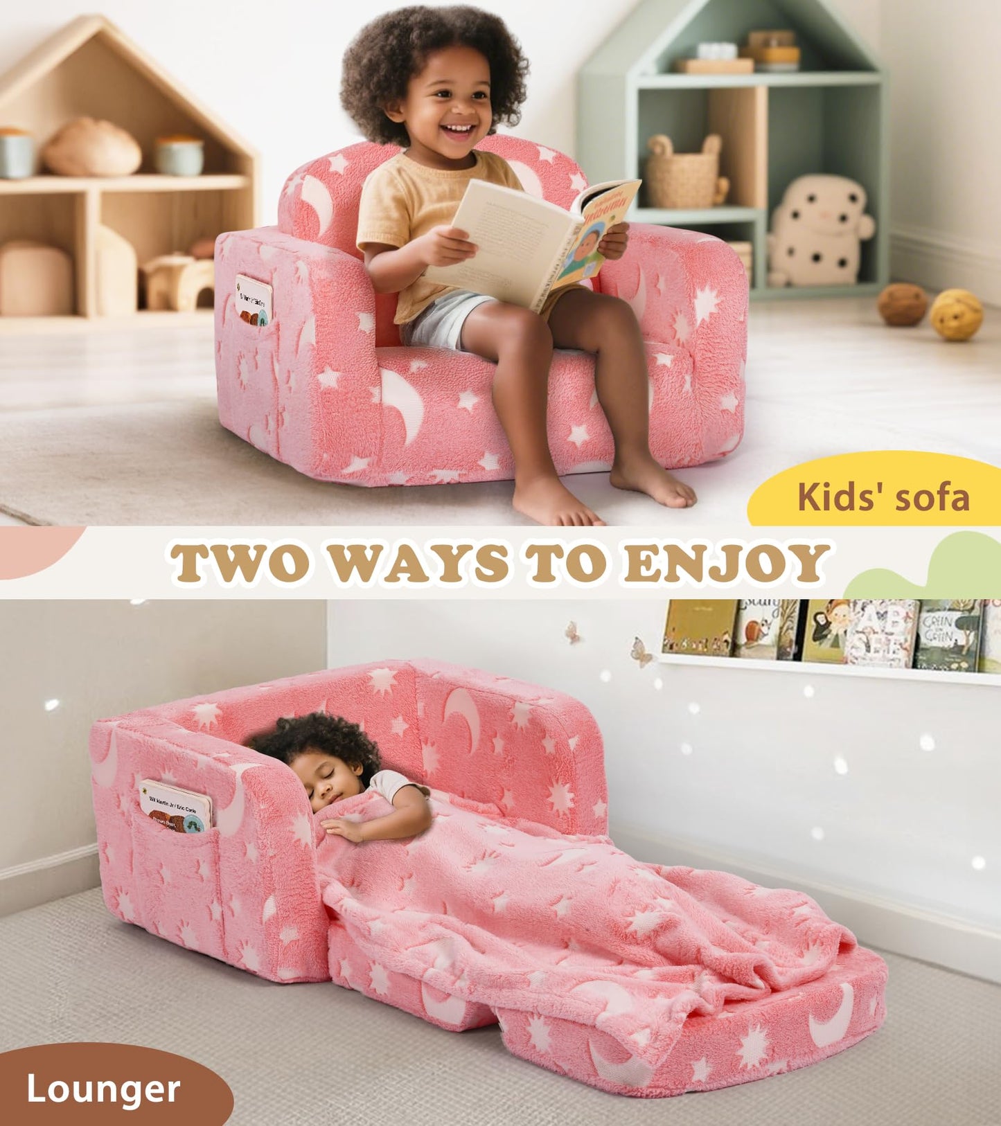 Kids Couch, 2-in-1 Soft Toddler Couch Fold Out with with Blanket and Cloud Pillow, Glow in The Dark, Convertible Sofa Comfy to Lounger, Gifts for Kids Girl Boys, Medium Pink Moon