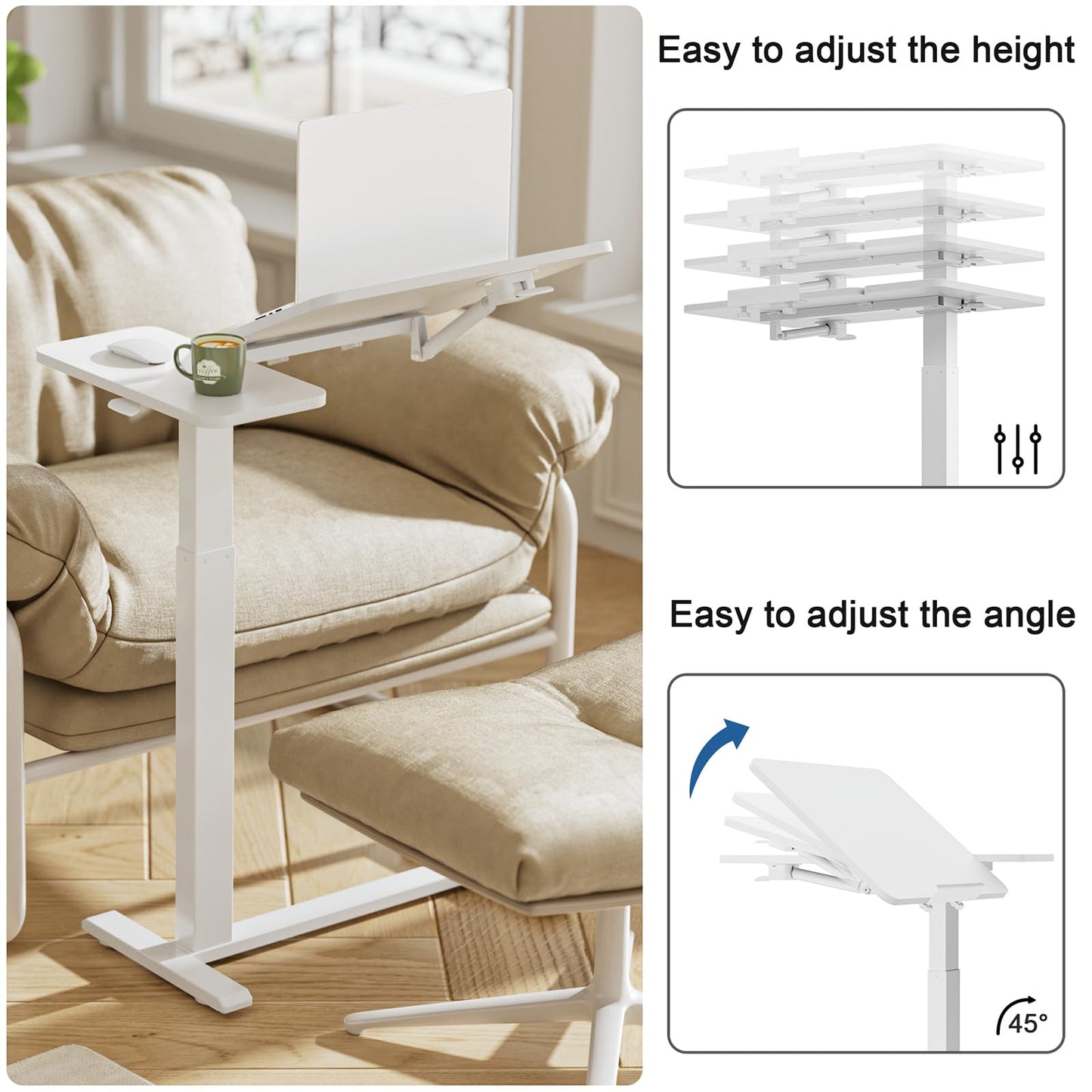 Ywin Adjustable Tilt Overbed Bedside Table with Wheels Pneumatic Moveable Bed Desk Tilt-Top Laptop Desk Moveable Rolling Computer Table for Home Office Hospital Use