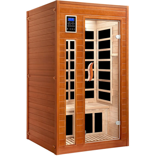 X-Vcak 1-2 Person Infrared Sauna, Dry Heat Sauna with Red Light Therapy, Bluetooth, Radio, 7-Color Therapy Light for Home, Indoor, Gym, Wellness Center, 36″ x 36″ x 73″, Brown