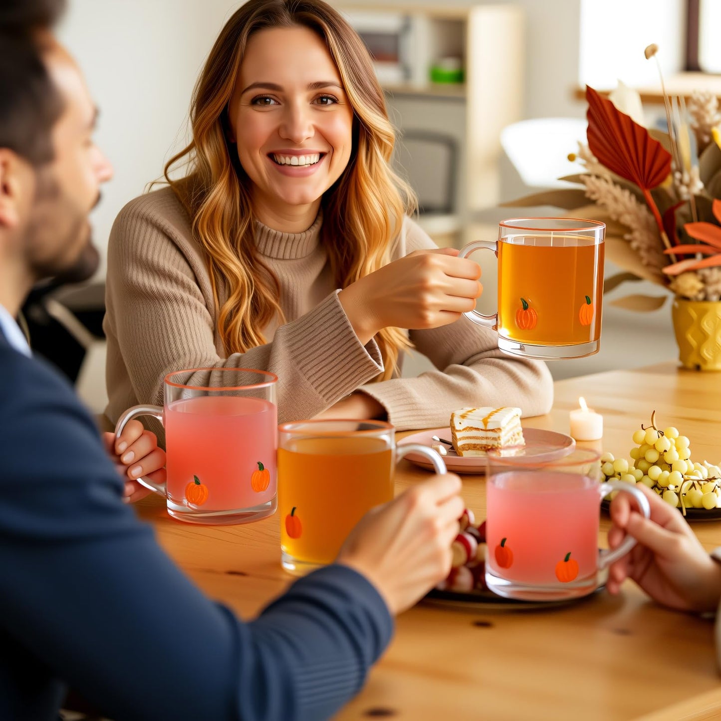 SiliFine 4 Pack Fall Glass Cups 14oz Pumpkin Mug with Handle Clear Drinking Glasses Double Old Fashioned Handblown Cocktail Glassware for Halloween Thanksgiving Autumn Gift(Pumpkin)
