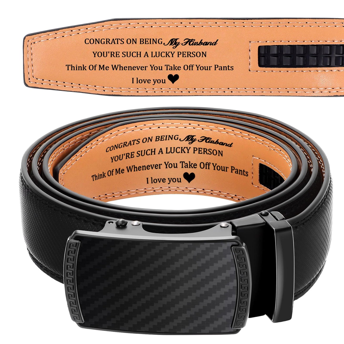 Bunnycool Mens Ratchet Belt Congrats on Being My Husband Personalized Engraved Leather Belt for Him Birthday Wedding Gift(Class Style,Black,32-38 Inch)