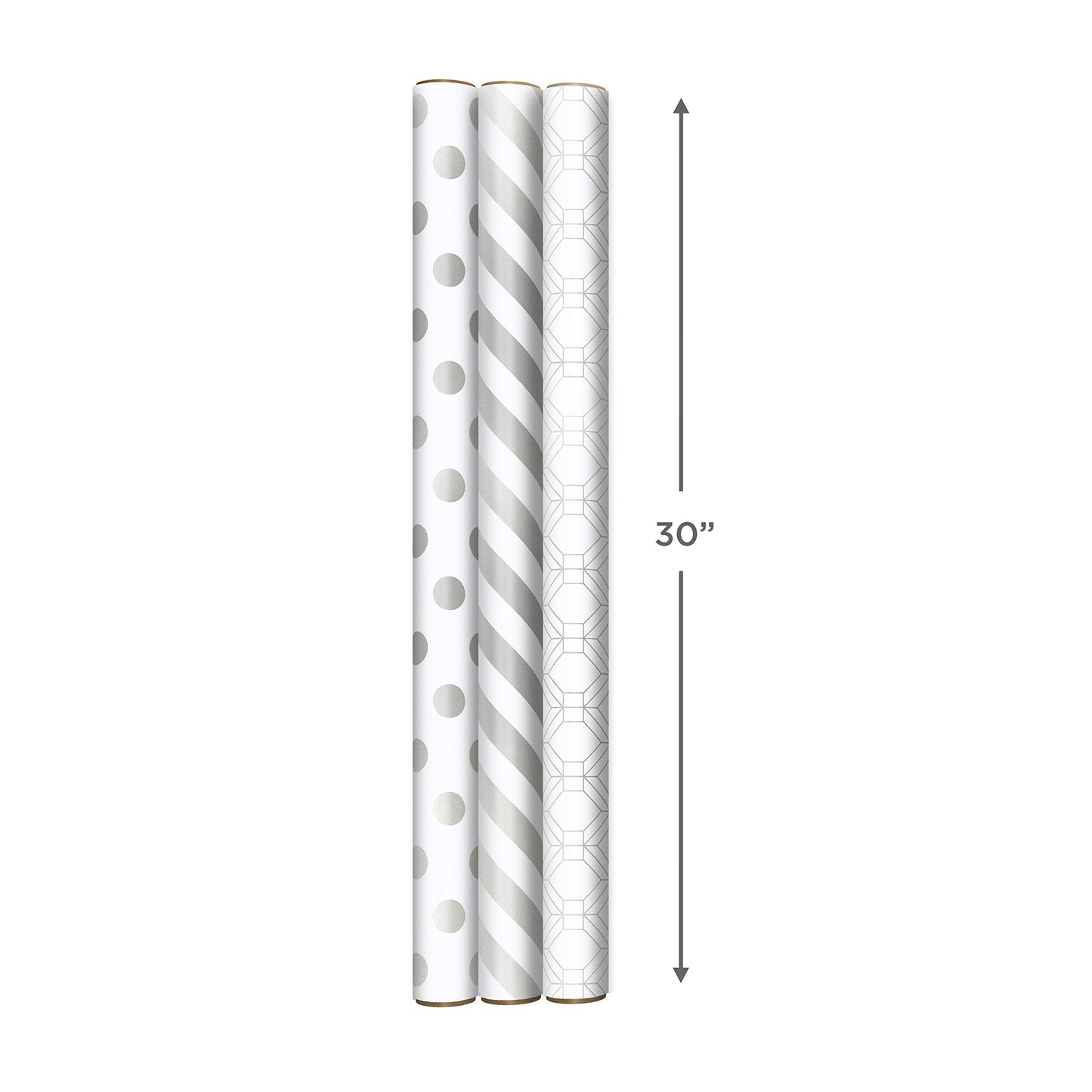 Hallmark Wrapping Paper Rolls for Weddings, Bridal Showers, Birthdays - Silver and White Gift Wrap Paper (Set of 3 Rolls: 105 sq. ft. ttl.) Polka Dots, Stripes, Geometric Shapes