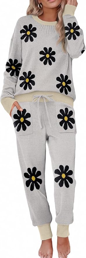 Ekouaer Women's 2 Piece Lounge Set Long Sleeve Knit Pajamas Sweatsuit Jogger Pant Outfits With Pockets S-XXL