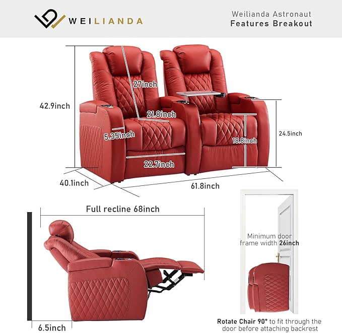 Weilianda Home Theater Seating Top Grain Leather Zero Gravity Recliner Chair Power Headrest Recline Movie Seat Gaming 7 Colors Mood Light Sofa with Tray Table USB Charge Row of 2 Red