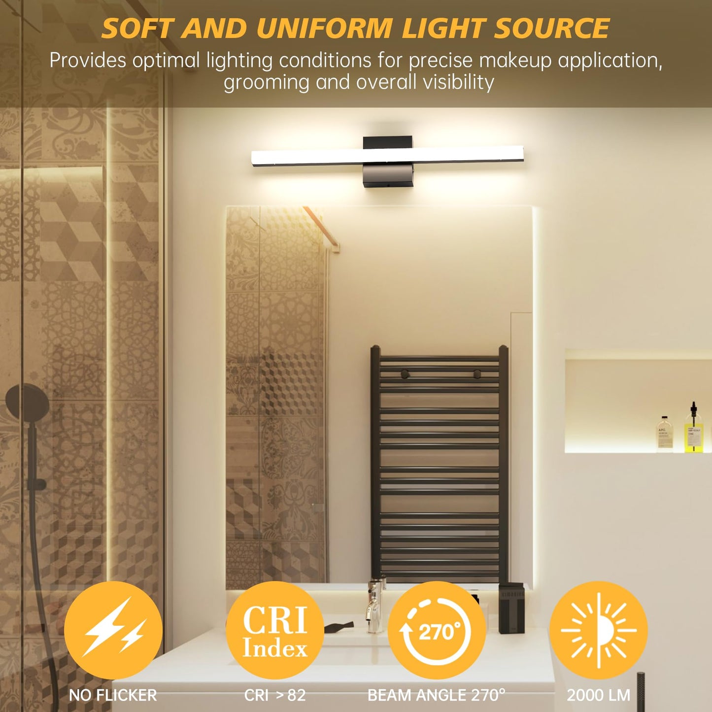 Aourow Modern Bathroom Vanity Lights 20W 2000lm 23.6in,Dimmable 5CCT LED Vanity Lighting Fixture Over Mirror,IP44 Wall Mounting Mirror Light Bar for Bathroom Cabinet(Matte Black)