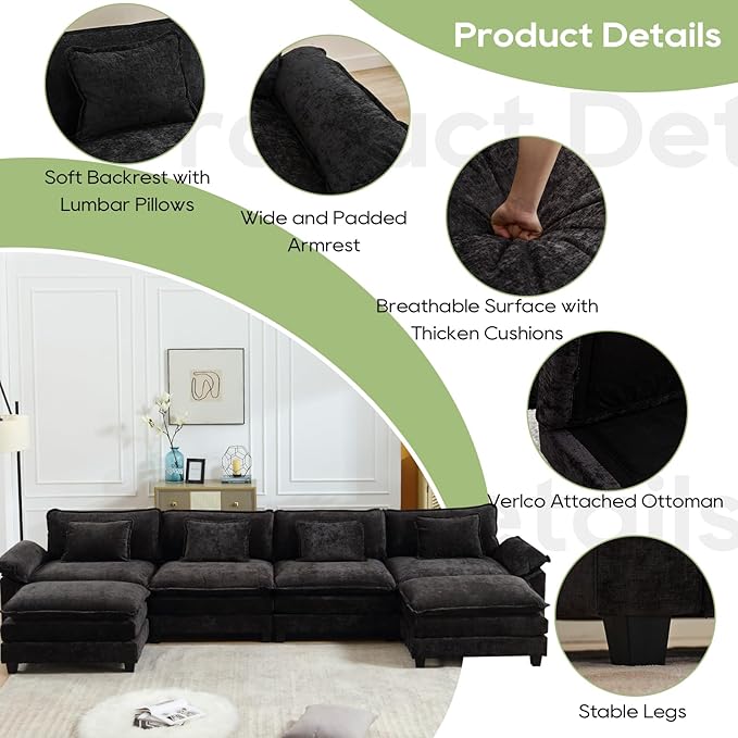 Oprisen 154" Modular Sectional Sofa, Comfy Cloud Couch Sectional Sofa with Ottoman, Chenille Sofa Sleeper Deep Seat Sofa with Throw Pillows for Living Room (Black, 154"- U Shape)