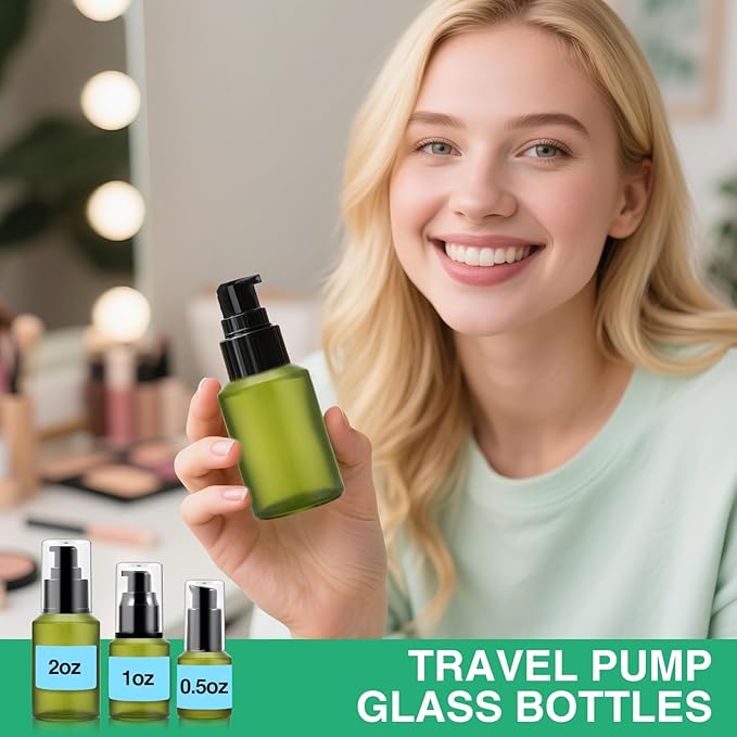 3PCS 15ML/0.5OZ Empty Green Frosted Glass Bottles with Pump Refillable Vial Cosmetic Dispenser Jars Storage Travel Lotion Container Portable Sample Bottle for Toiletries,Foundation,Cream,Gel,Lotion