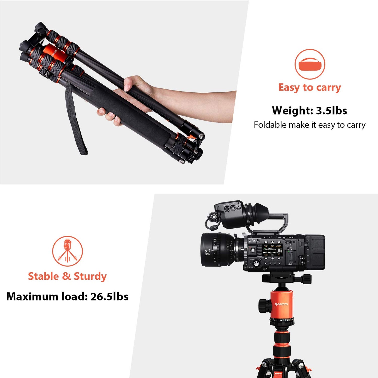 GEEKOTO Camera Tripod,Carbon Fiber Camera Tripod Monopod with 360 Degree Ball Head 1/4 inch Quick Shoe Plate Professional Tripod Load up to 26.5 pounds