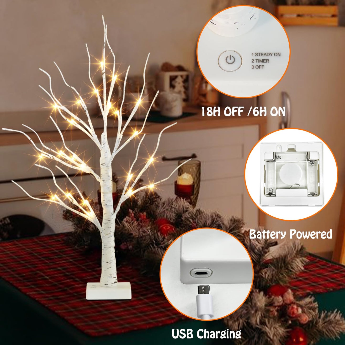 EAMBRITE Lighted Birch Tree Spring Decorations for Home, Christmas Decorations Indoor, 2Pack 24 LED Battery Operated/USB Tabletop Mini Small Artificial White Trees with Lights for Table Mantel (2FT)