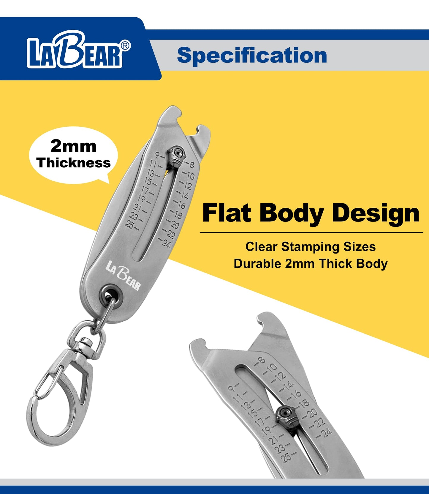 LABEAR Elite Nut and Bolt Size Identifier Keychain, Pro-Grade SAE & Metric Thread Gauge (8-25mm, 5/16"-1") Heavy-Duty Steel Fastener Checker & Wrench Size Finder, Permanent Stamped Markings
