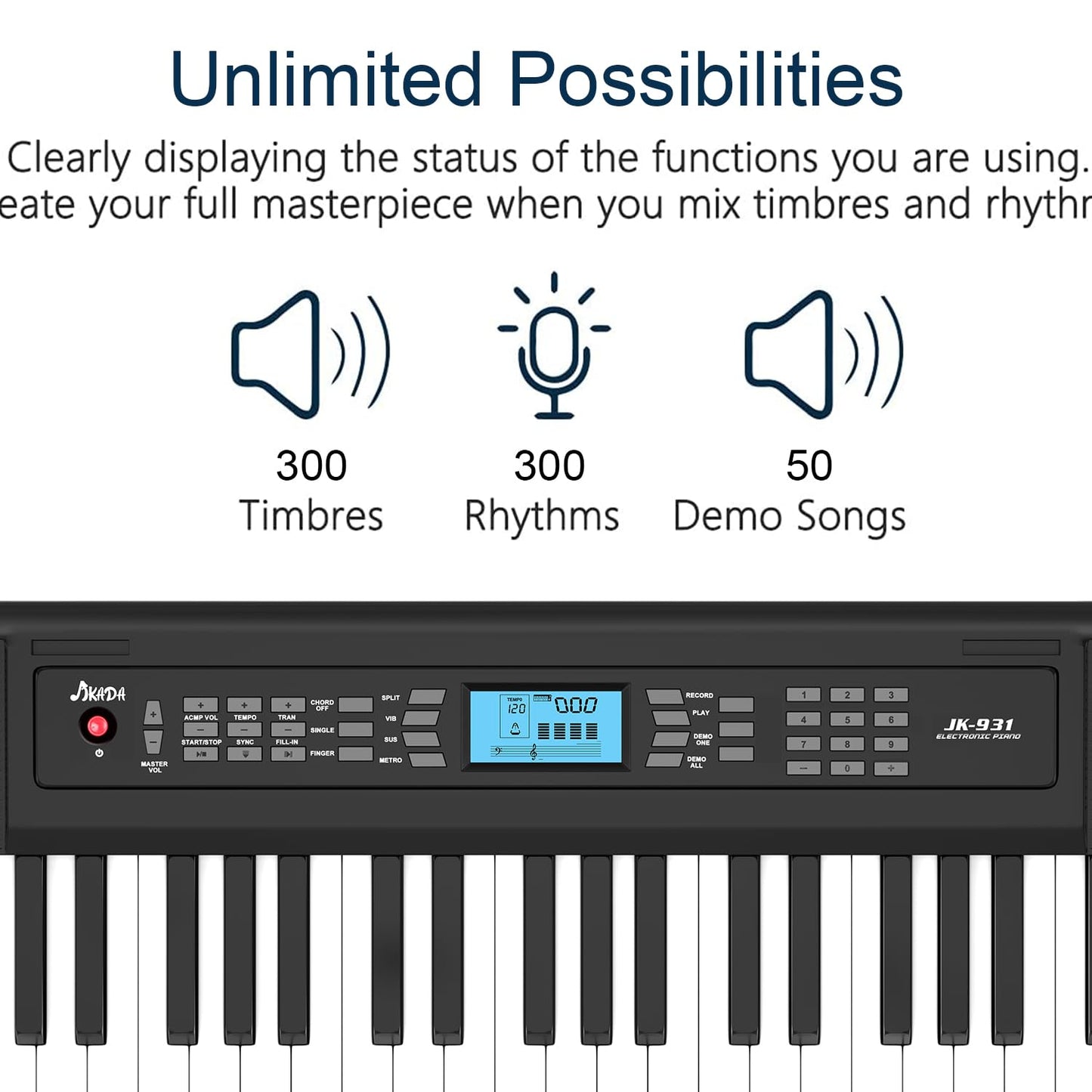 61 Key Keyboard Piano, Portable Electric Piano Keyboard w/LCD Screen, Built-In Speakers, Headphones, Stand, Stool, Music Rest, Microphone, 300 Timbres, 300 Rhythms