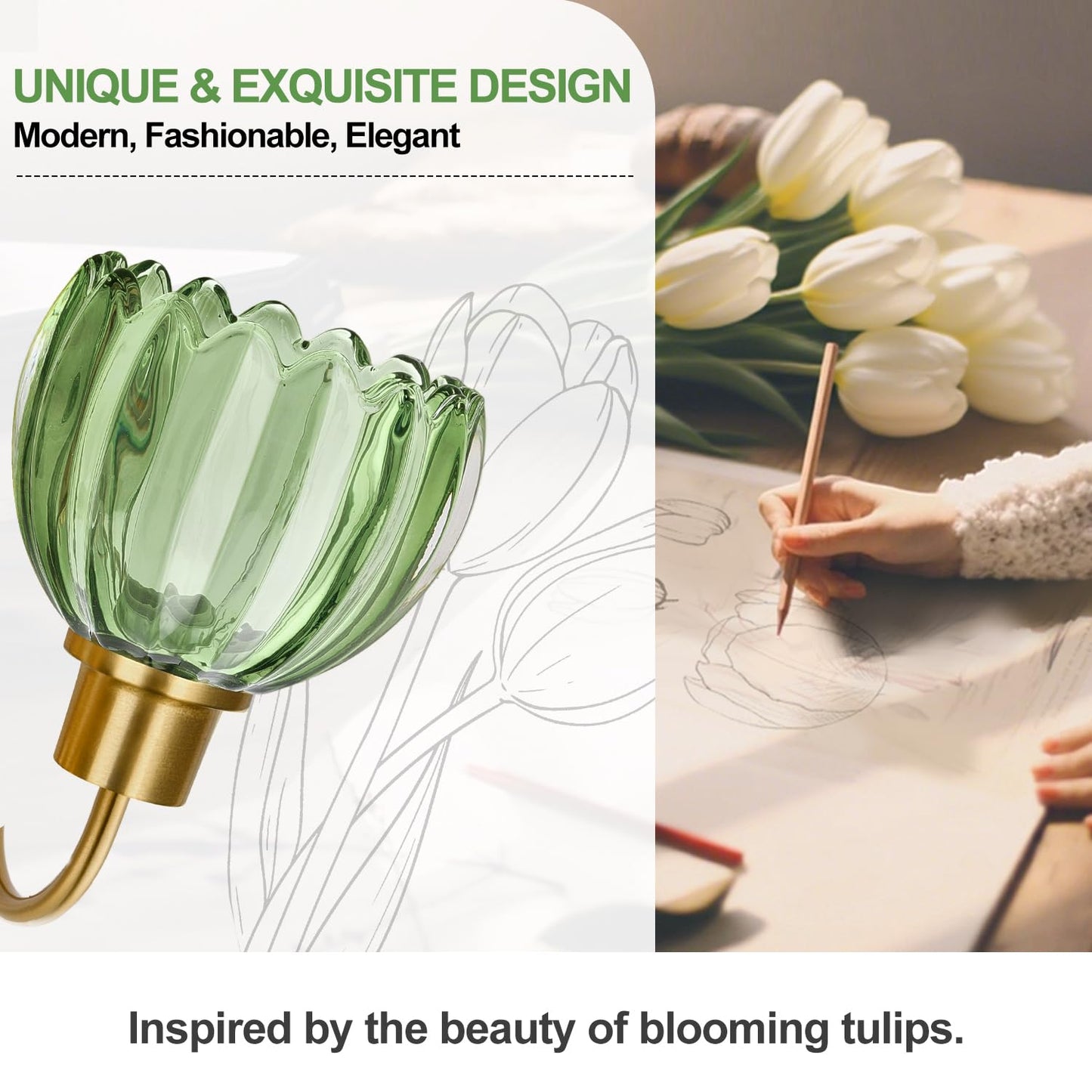 Meybiok 2-Pack Brushed Gold Bathroom Vanity Light, Single-Head Wall Sconce with Ribbed Green Tulip Glass Shade, Vintage Bathroom Light Fixtures for Bedroom, Hallway & Bedside (Bulbs Not Included)