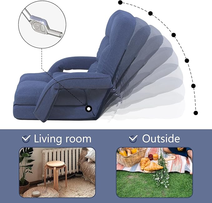 DeeLyan Indoor Floor Chair with Armrest and Pillow Folding Chaise Lounge Sofa 14-Position Adjustable Comfy Gaming Recliner Chair Padded Seats for Adults (Blue)