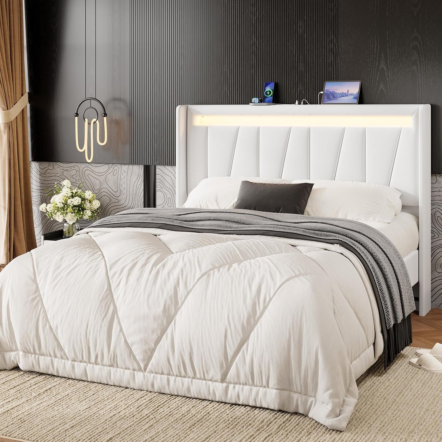 Full Size Bed Frame with Charging Station and LED Lights, Modern Velvet Platform Bed with Upholstered Geometric Wingback Headboard, No Box Spring Needed, Easy Assembly, White