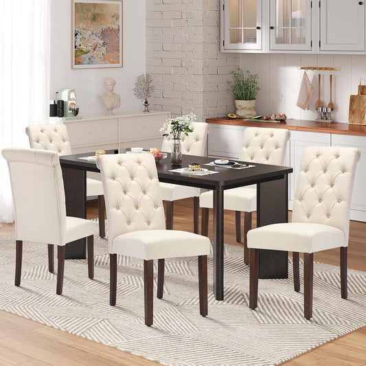 7-Piece Rectangular Dining Table Set for 6, 63" Industrial Kitchen Table with 6 Tufted Parsons Dinner Chairs for Dining Room, Kitchen, Living Room, Black+Beige