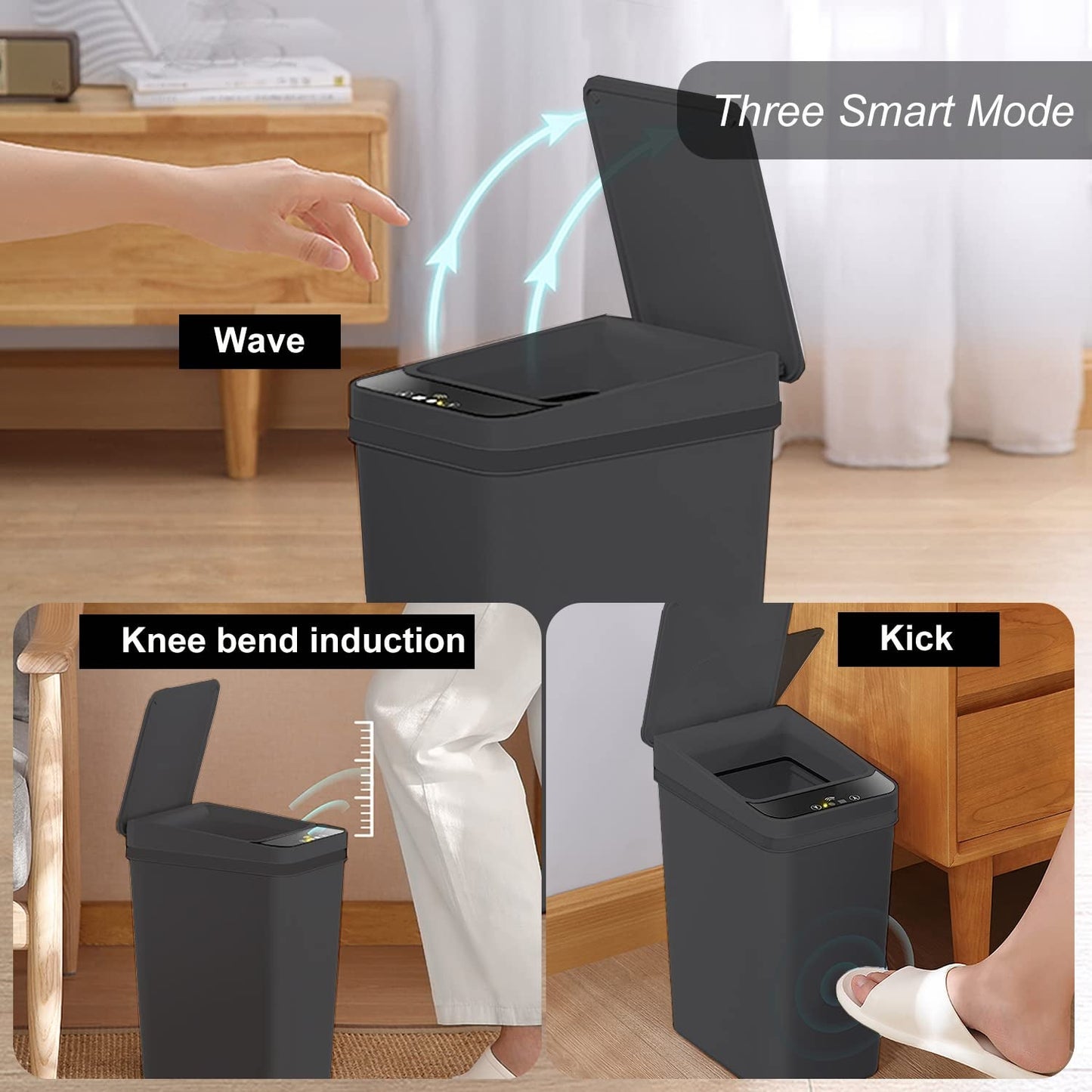 Touchless Bathroom Trash Can - 2.5 Gallon Smart Trash Can Sensor Motion - Skinny Trash Bin with Lid - Electric, Narrow, Plastic, Auto Open - Small Slim Automatic Garbage Can (Black)