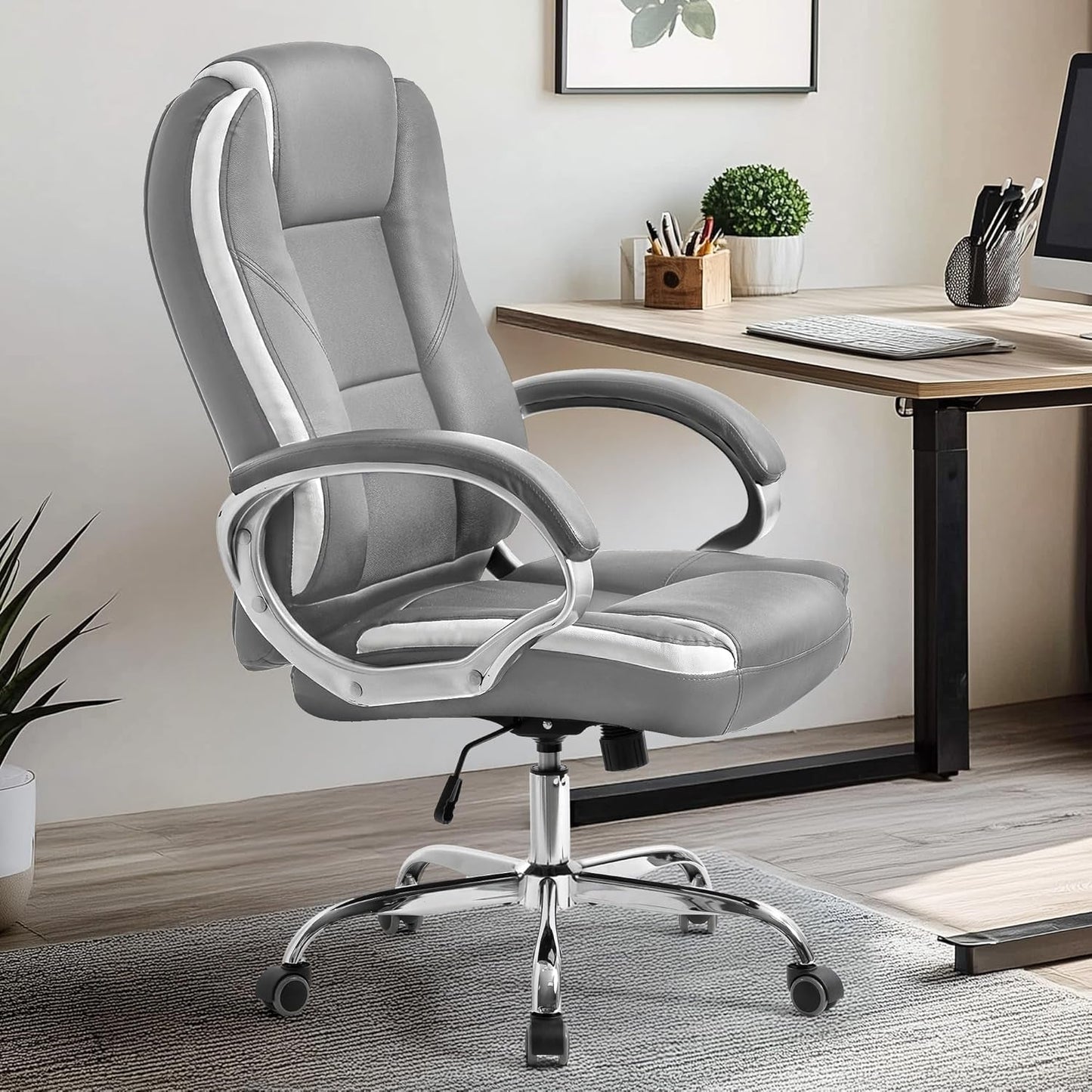 Office Desk Ergonomic Gaming Chair High Back Adjustable Computer Chair with Wheels and Lumbar Support Comfy Leather Executive Swivel (Grey)