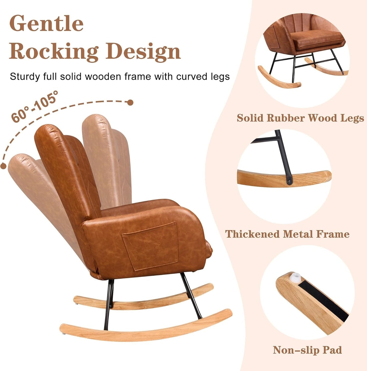 Rocking Chair Nursery with Thick Headrest, Modern PU Upholstered Reading Glider Rocker Accent Armchair with High Backrest, Padded Seat, Side Pocket, for Livingroom, Bedroom, Baby Room, Brown