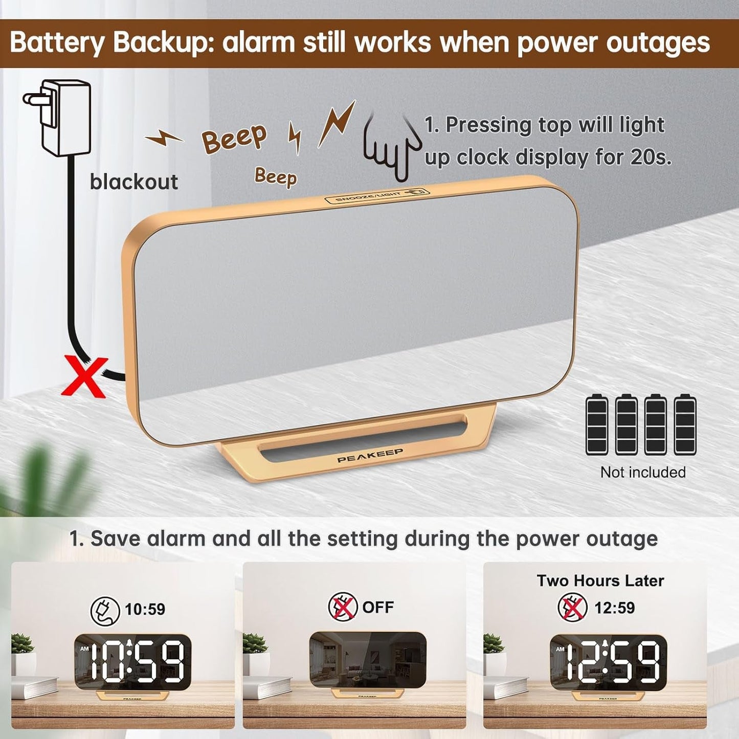 Slim Digital Mirror Aesthetic Alarm Clock for Bedrooms Desk Decor - Plug in Electric Big LED Modern Small Clock for Office Living Room, Battery Backup, 6 Dimmers (Gold)
