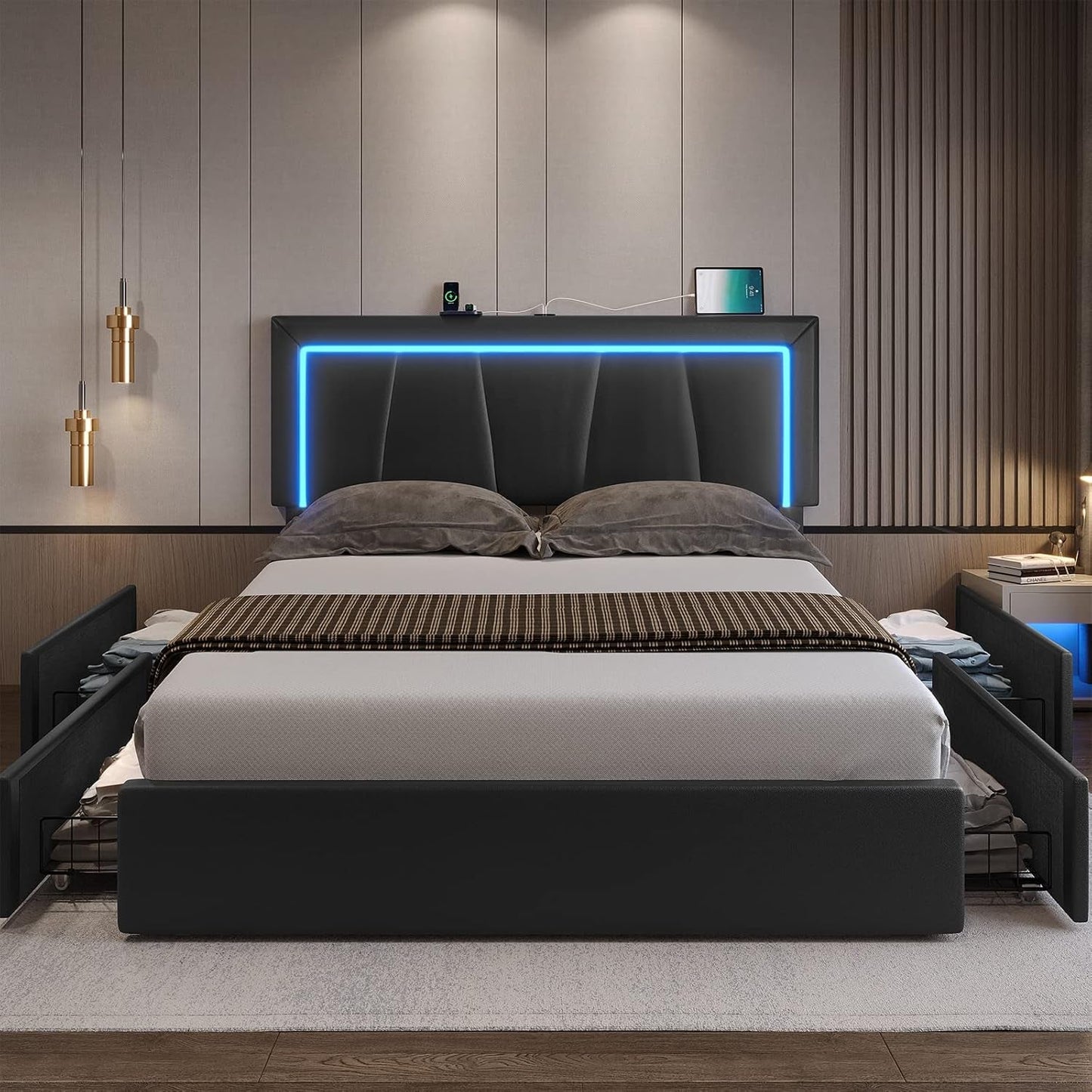 Queen Bed Frame with Headboard and 4 Storage Drawers, Modern Faux Leather Upholstered Platform Bed Frame Queen Size with LED Lights and USB Ports, No Box Spring Needed, Black