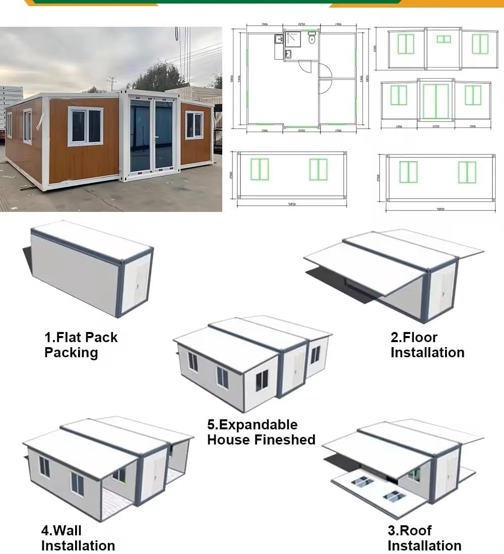 Weatherproof, Wind Resistant, Anti-Corrosion Tiny Expandable Prefab House to Live in 1 Bathroom, 3 Bedrooms & 1 Kitchen- for Small Family, Modular Guest House – 20 FT 3 in 1 Tiny Backyard House