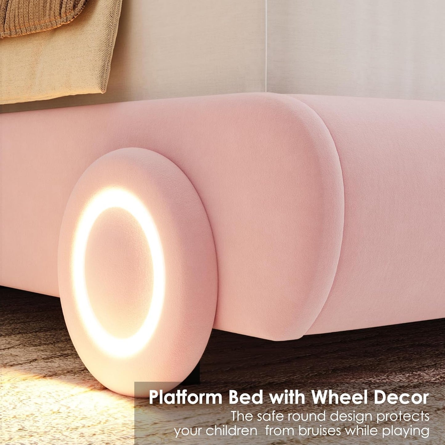 Queen Led Car Bed Frame with Wheels Decor & Adjustable Curved Headboard Modern Upholstered Platform Bed with Detachable Pillows Solid Wooden Slats Support No Box Spring Needed, Velvet Pink