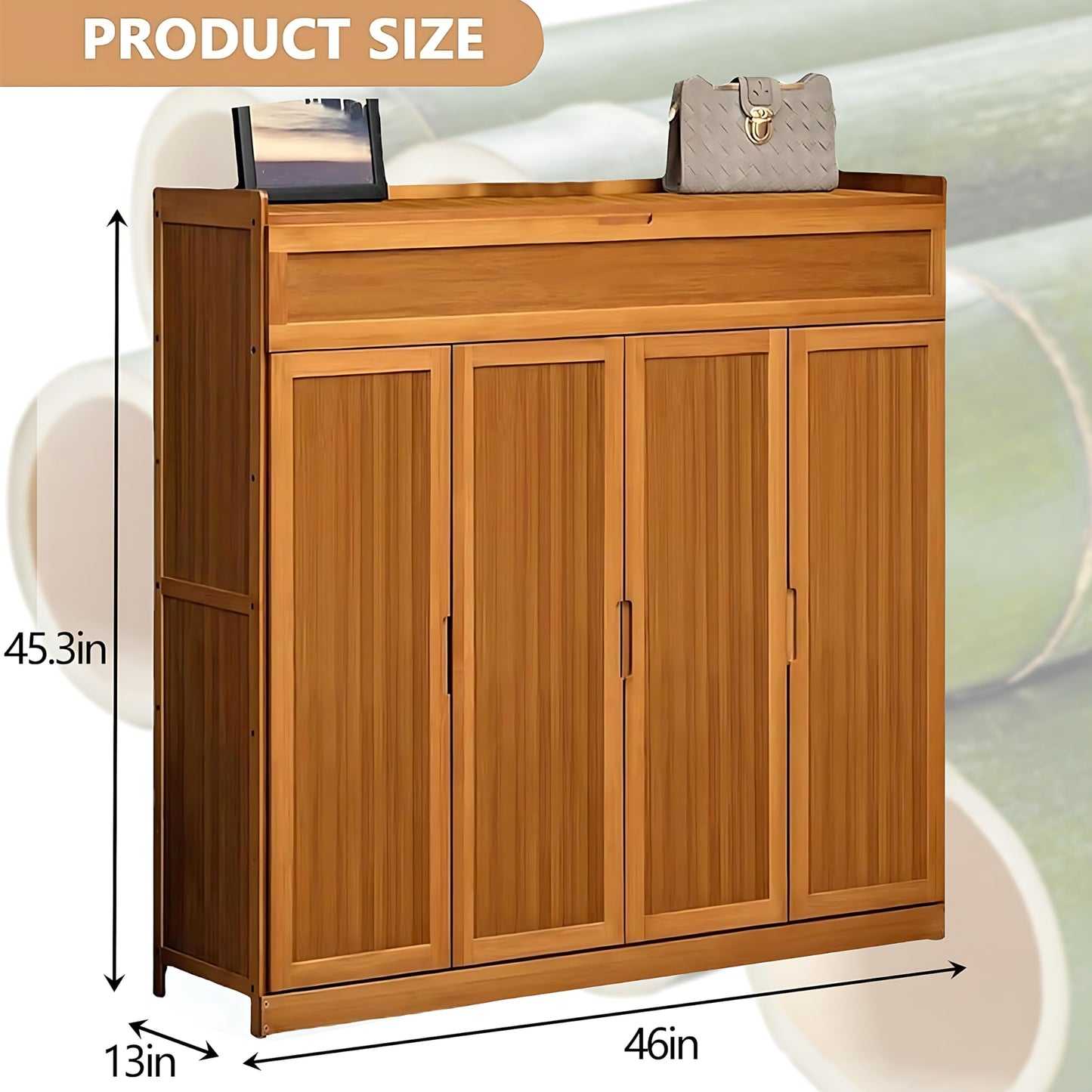 lyvcev 8 Tier Bamboo Shoe Storage Cabinet with Doors, 39-41 Pairs Shoe Rack for Closet, Freestanding Shoe Storage Cabinet for Hallway Living Room (Brown).