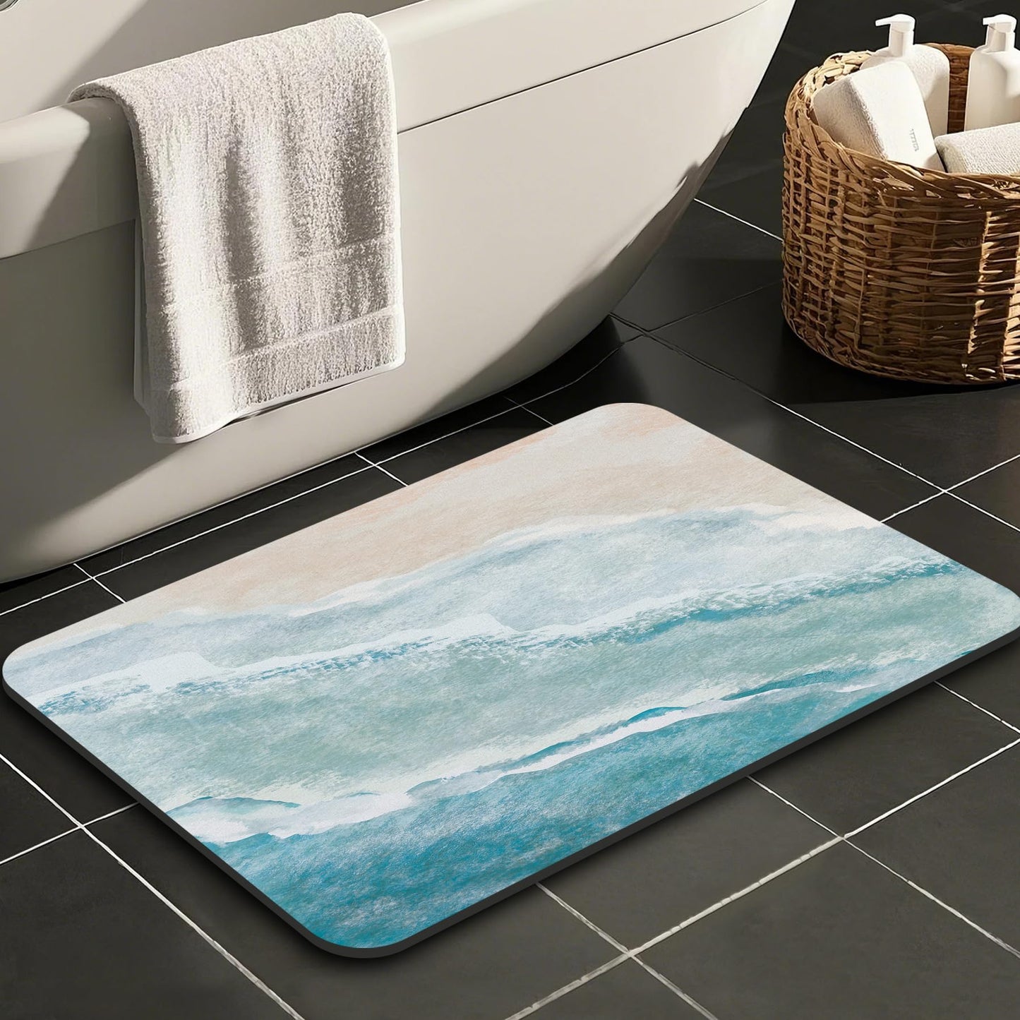 Coastal Beach Bathroom Mat Quick-Drying Non-Slip Rubber Bath Mats Super Absorbent Sand Wave Blue Teal Bath Mat Instant Dry Bathroom Rug in Front of The Kitchen Sink, Shower Room, Bathtub,16"x24"