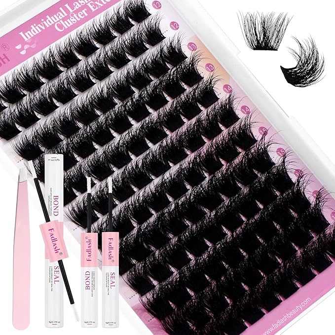 FADLASH Lash Extension Kit Lash Clusters Kit 12-18mm Eyelash Cluster Lashes Individual with Bond and Seal Lash Glue and Lash Tweezers DIY at Home (Y01-3D-12-18 Kit)