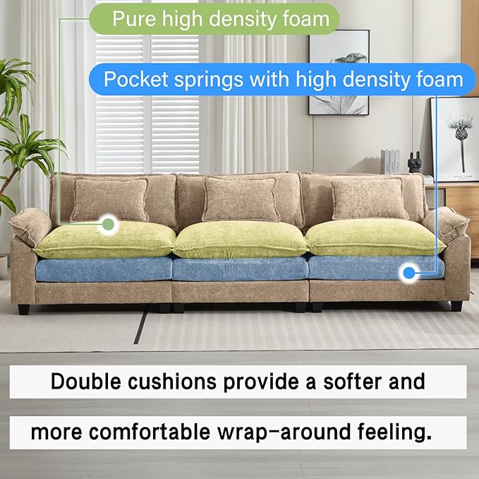 Oprisen 120" Modular Sectional Sofa, Comfy Cloud Couch Sectional, Chenille Sofa Sleeper Deep Seat Sofa with Throw Pillows for Living Room (Khaki, 120"- 3 Seater)