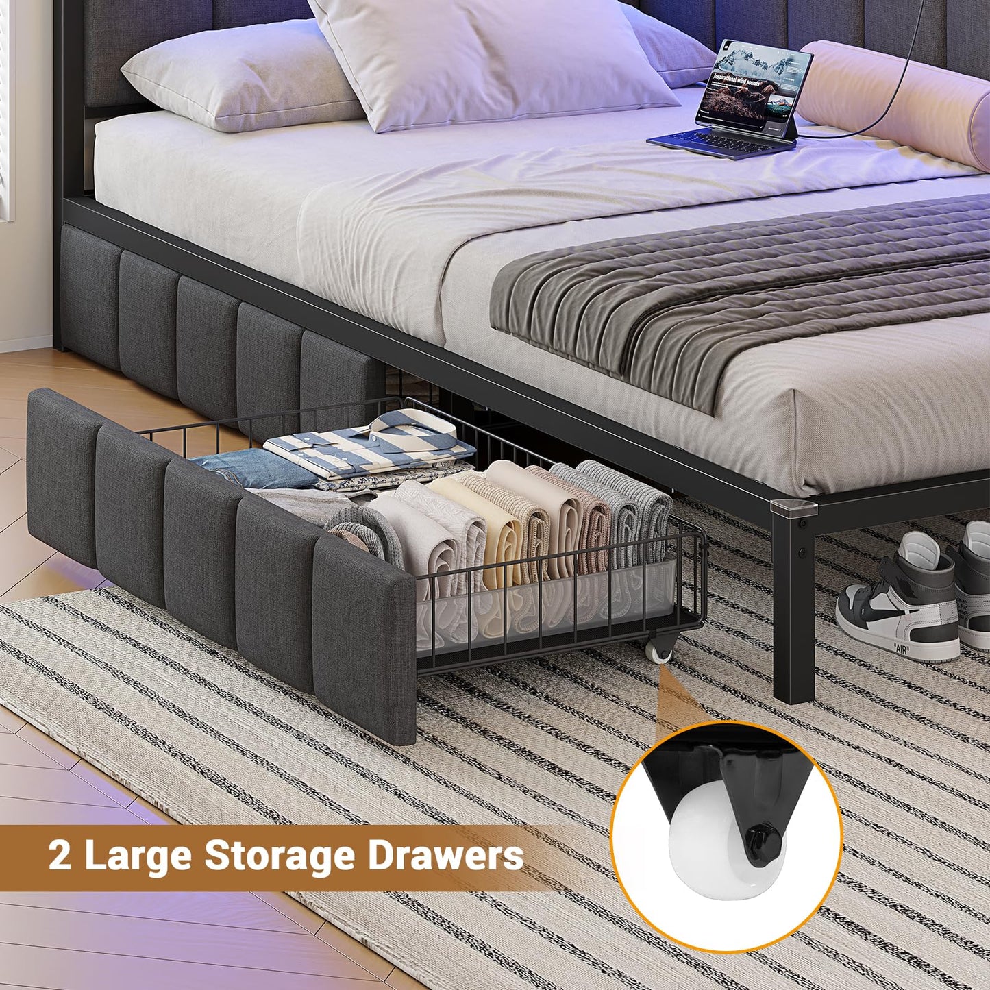 Hasuit Corner Bed Frame with Storage Drawers, Twin XL Daybed with Line Fabric Upholstered Fence, Kids Bed Unit with LED Light and Charging Station, Modern Bed Frame Twin XL Size, Gray