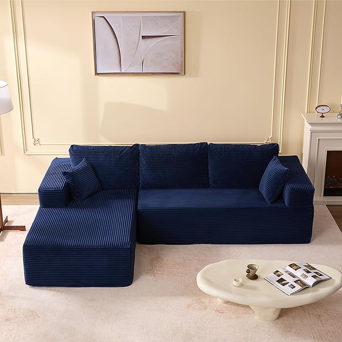 Afuson 107" Boneless Couch with Deep Seat, Modular Sectional Sofa, Cloud Sectional Couch for Living Room, No Assembly Required, Corduroy, L-Shape Left, Blue