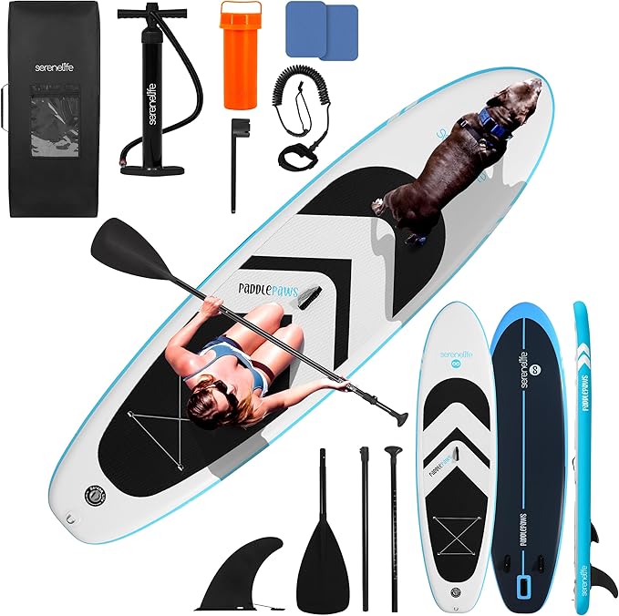 SereneLife XL Inflatable Stand Up Paddle Board - Pet-Friendly SUP for Adults and Pets - Extra-Wide Stable Design with Non-...