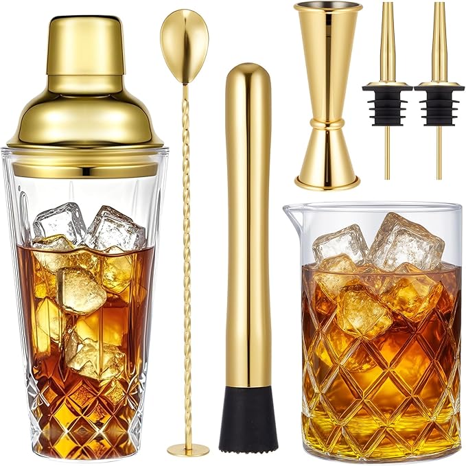 Mifoci 7 Pcs Gold Glass Cocktail Shaker Set Bartender gift set with 14oz Shaker 24oz Cocktail Mixing Glass Measuring Jigge...