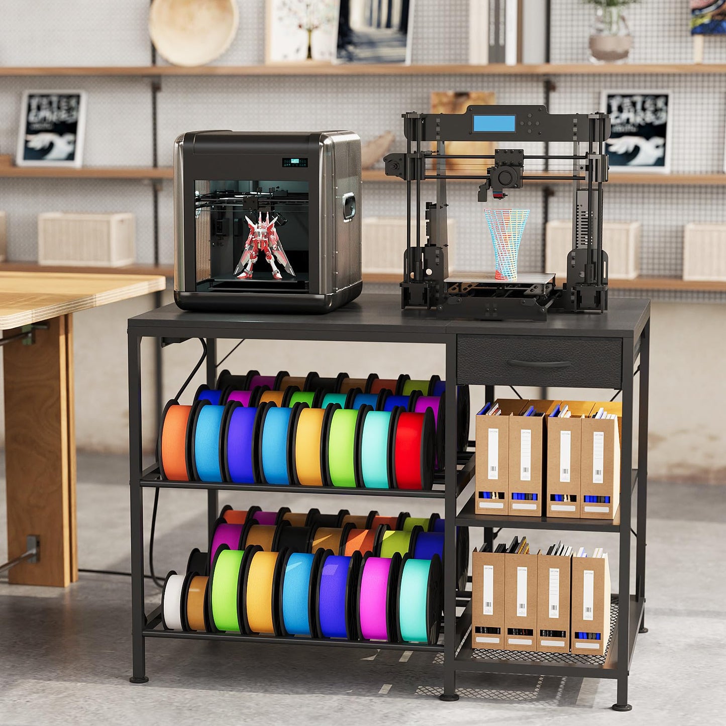 3D Printer Table with Filament Storage, 3-Tier 3D Printer Stand with Power Outlet & Drawer, Heavy Duty 3D Printer Rack for Workshop Studio Office (Black)