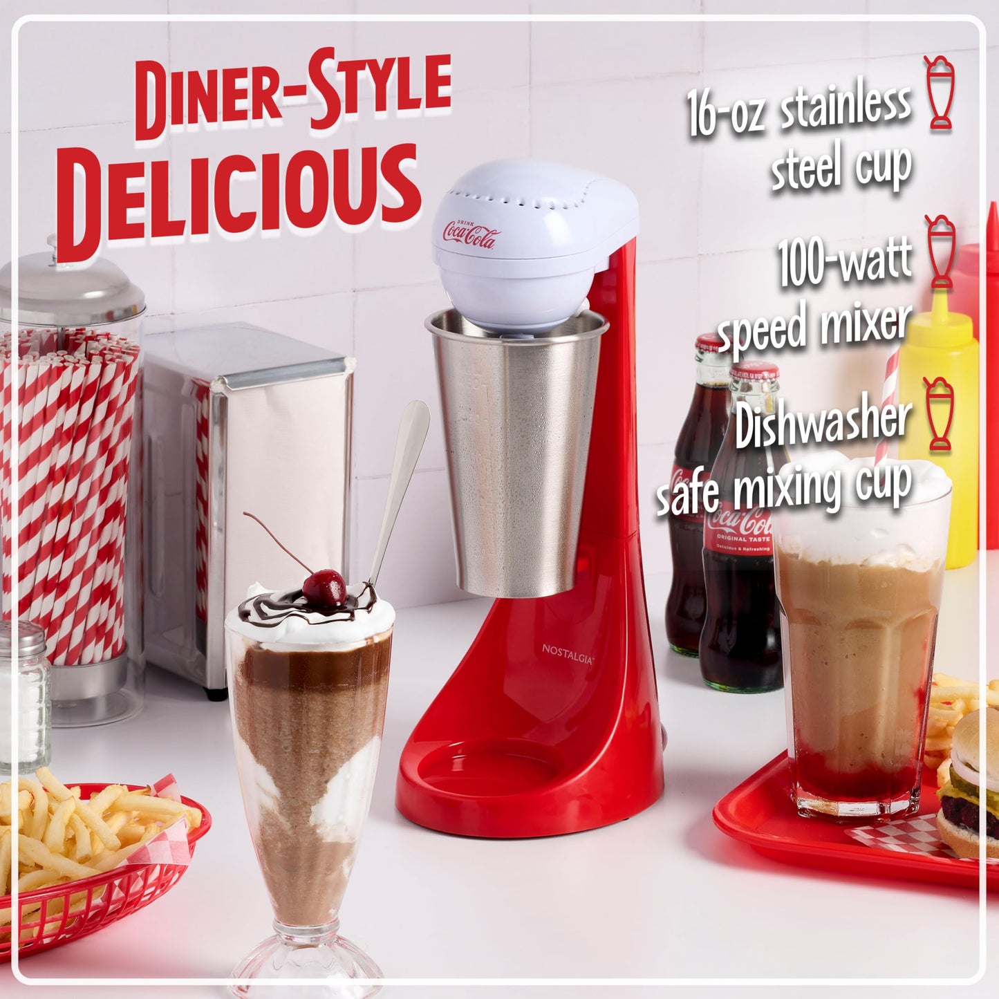 Nostalgia Two-Speed Electric Coca-Cola Limited Edition Milkshake Maker and Drink Mixer, Includes 16-Ounce Stainless Steel Mixing Cup and Rod, Red