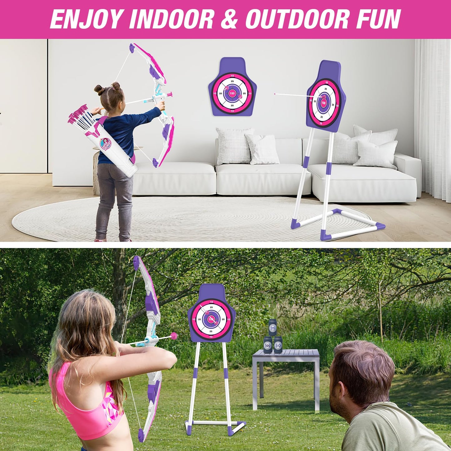 HYES Bow and Arrow for Kids 4-6, LED Light Up Archery Set with 12 Suction Cup Arrows, 1 Standing Target, 3 Score Targets & 1 Quiver, Indoor Outdoor Sport Gifts for Boys Girls Ages 8-12, Purple