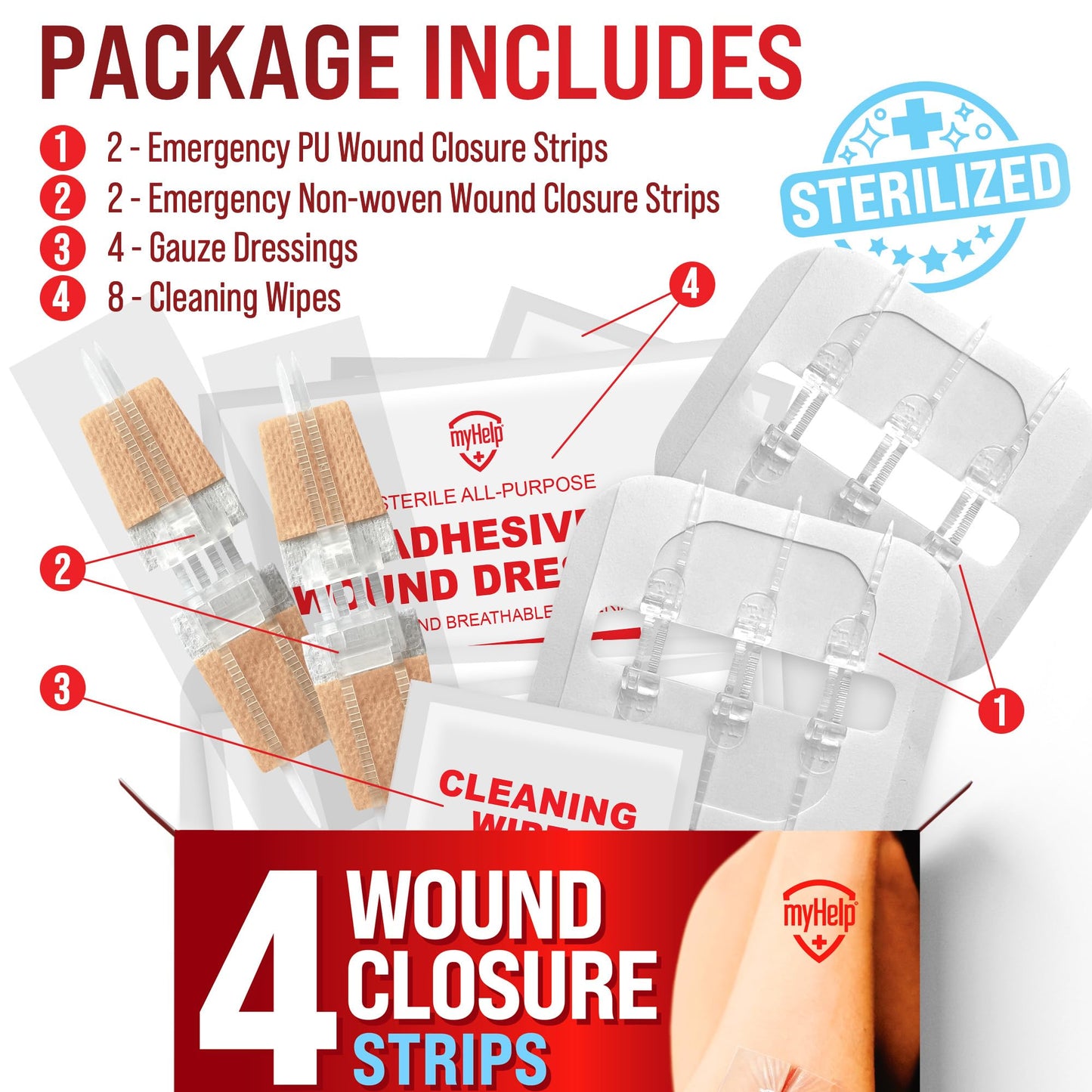 Emergency Wound Closure Strips - 4pk - 2 Types Sutures Free Laceration Closure Kit - Stitchless & Easy to Use - Butterfly Bandages for Cut Care - Perfect for Quick Stop Bleeding and Wound Closing