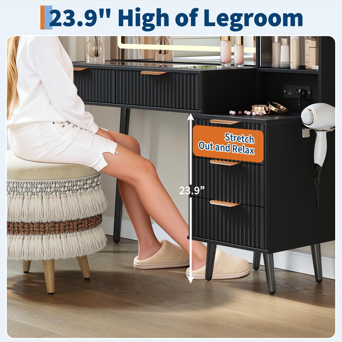 GarveeLife 48" Makeup Vanity Desk with Fluted Design, 36" Oversized Lighted Mirror, Glass Top Vanity Table with Charging Station, 5 Drawers and 3-Tier Storage Shelves for Bedroom, Dark Gray