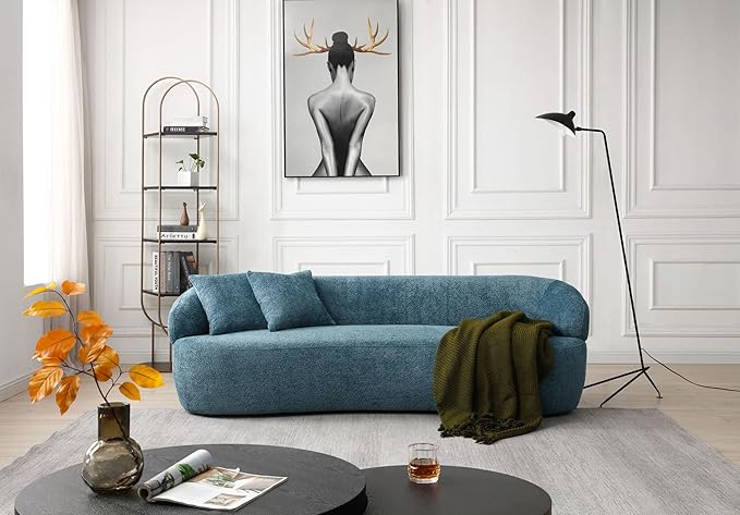 KEIKI 87" Curved Oversized Boucle Cloud Sofa with Thickened Seat Cushions and Backrest, Modern 3-Seater Upholstered Corner Fluffy Couch, No Assembly Required, for Apartment, Living Room, Light Blue