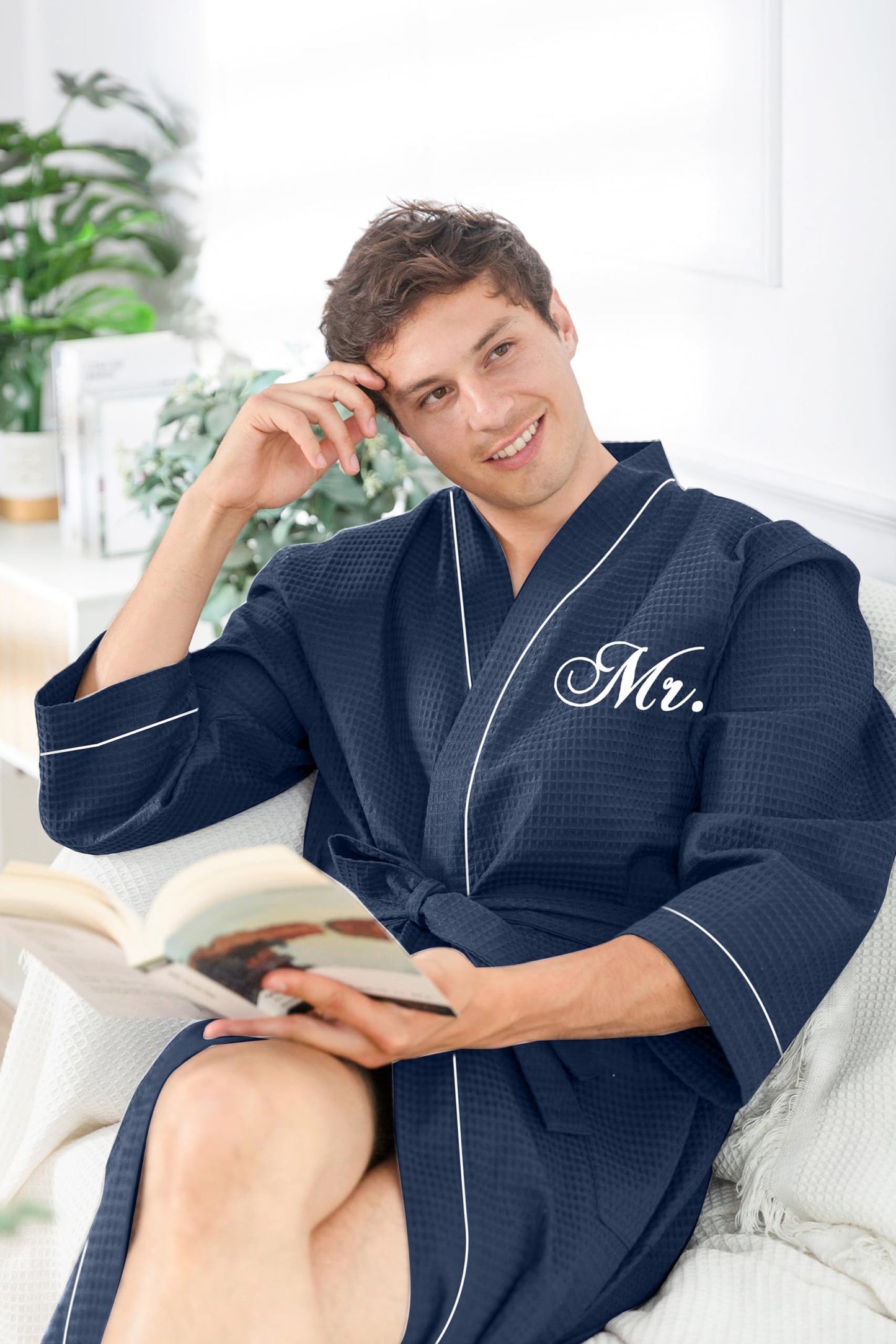 AW BRIDAL Wedding Gifts for Newlywed Couples 2025, Anniversary Mr and Mrs Waffle Knit Robe for Engagement Bridal Shower, Personalized Navy Matching Robes for Women and Men with Embroidered Monogram