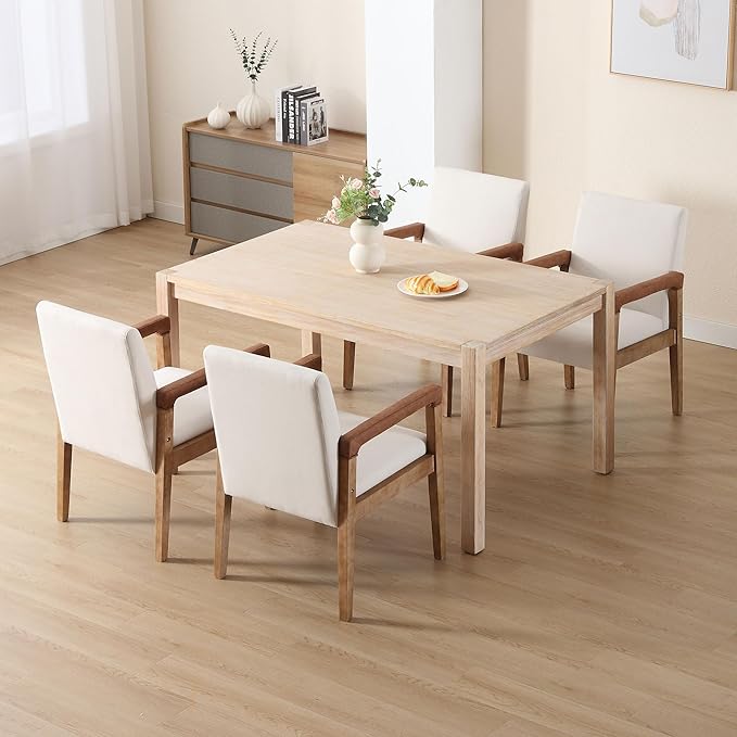 DM Furniture Mid Century Modern Dining Chairs Set of 6 Linen Fabric Upholstered Accent Chairs Comfy Kitchen Chairs with Solid Wood Frame Armchair for Living Room, Ivory