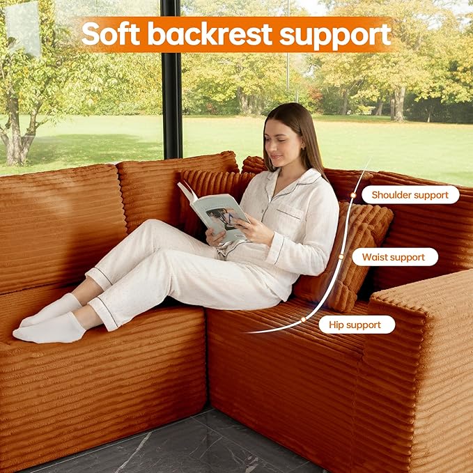 135.5" Cloud Sectional Couch,Boneless Corduroy Sofa for Living Room,Oversized U Shaped Sofa with Chaise,Deep Seat,No Assembly Required,Modular Sectional Sofa（Orange）