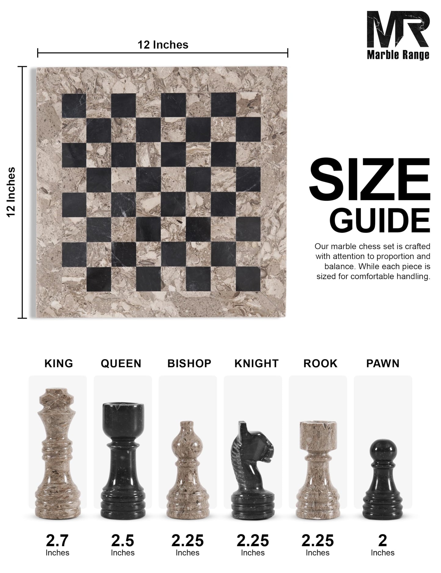 Marble Chess Set for Adults 12" Handmade Oceanic & Black Board Game with 32 Chess Pieces, 2 Extra Queens & Storage Box, Luxury Travel Game, Elegant for Home Decor