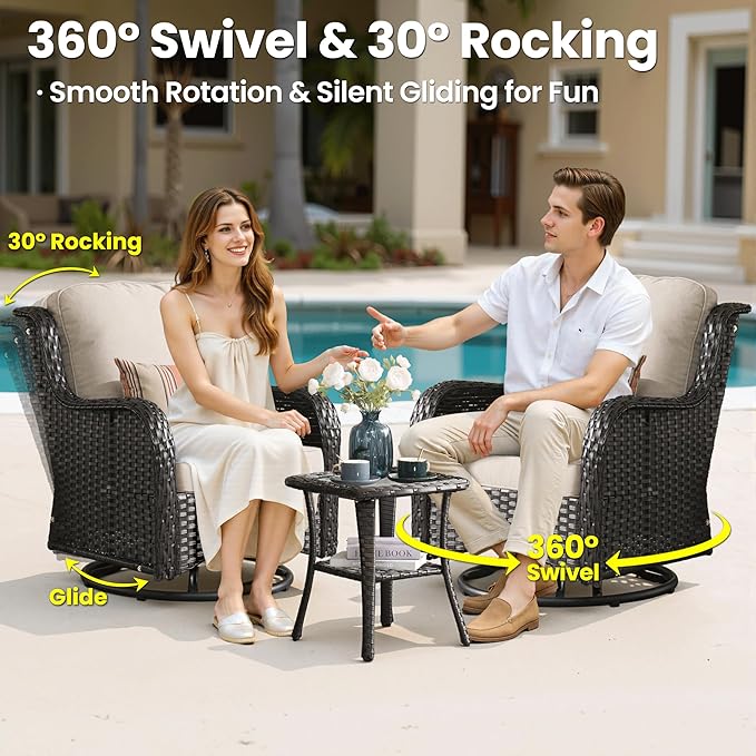 ovios 7 Pieces Patio Furniture Set, Outdoor Wicker Sofa Couch with Swivel Chairs 42" Fire Pit Table, High Back Modern All Weather Conversation Sets, Brown Rattan, Beige