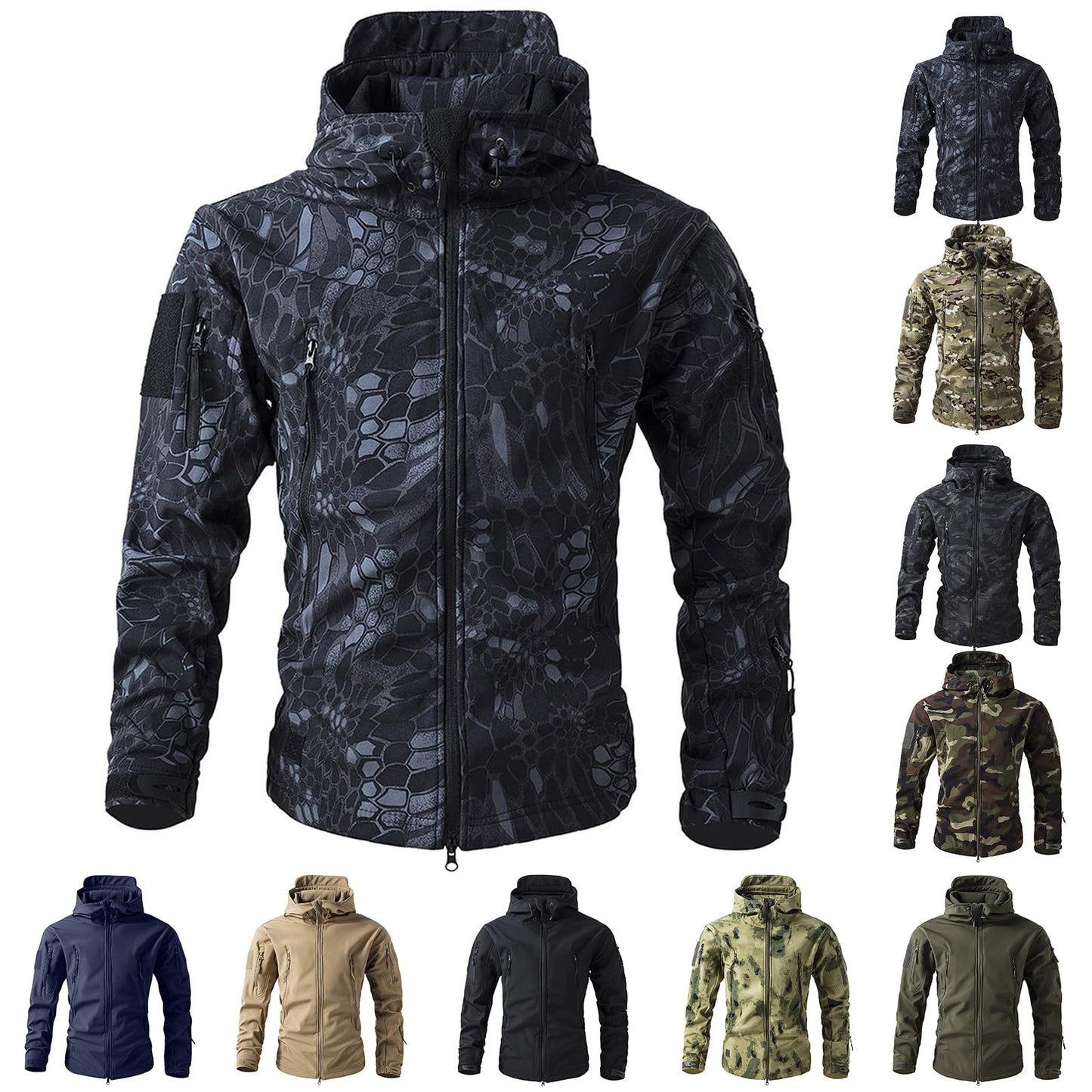 RSZGSWS Men's Military Tactical Jackets Camouflage Softshell Fleece Fall Windbreaker Waterproof Outdoor Hooded Rain Coats