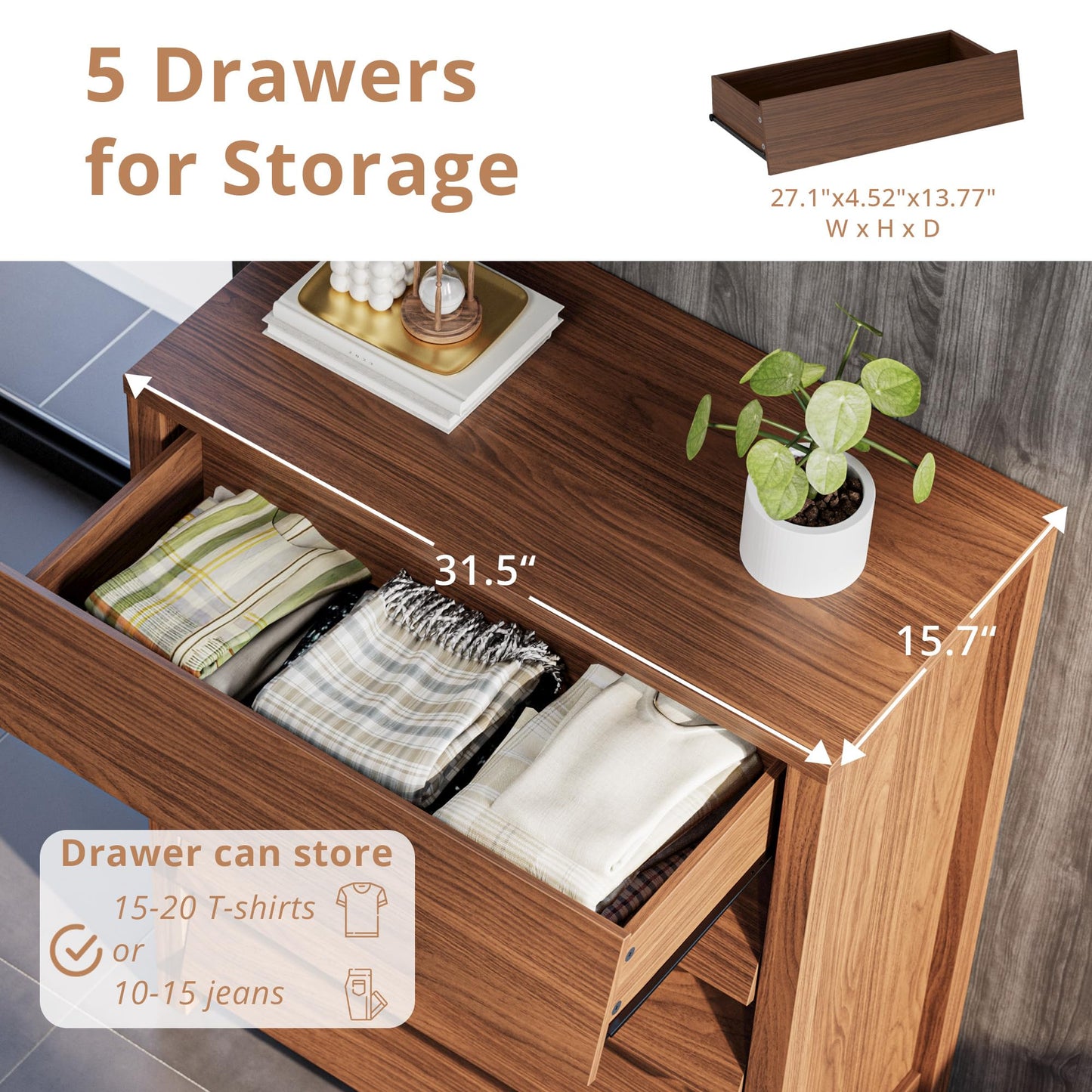 IRONCK 5 Drawer Dresser for Bedroom, Modern Chest of Drawers with Handleless Design, Wooden Tall Dresser Storage Cabinet Bedroom Furniture for Living Room, Hallway, Closet, Walnut